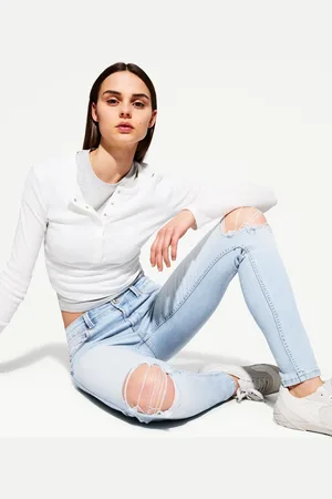 Bershka Skinny-Jeans Mit Tiefem Bund Damen 44 Hellblau