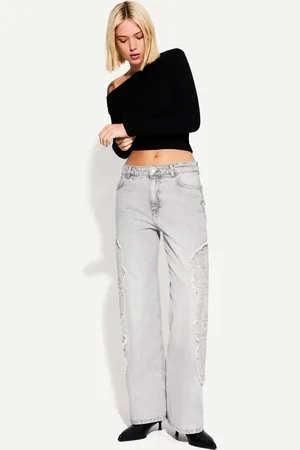 Bershka Baggy-Jeans Mit Stickerei Damen 10-12 Dunkelgrau