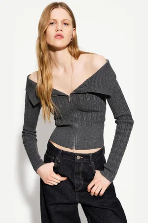 Bershka Geflochtener Cardigan Mit Reißverschluss Und Carmen-Ausschnitt Damen Xs Grau