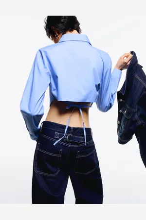 Bershka Cropped-Popelinhemd Mit Schnürung Damen Xs Blau