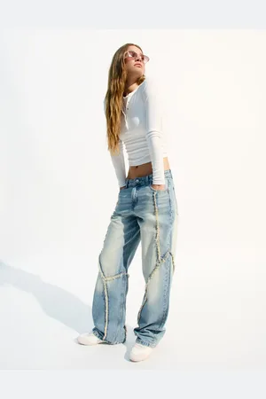 Bershka Baggy-Jeans Fransen Damen 10-12 Ausgewaschenes Blau