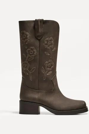 Bershka Absatzstiefel Im Cowboylook Mit Stickerei Damen 37 Braun