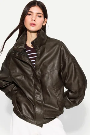 Bershka Oversize-Kunstlederjacke Damen L Braun