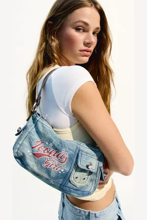 Bershka Schultertasche Aus Denim Mit Print Damen Blau