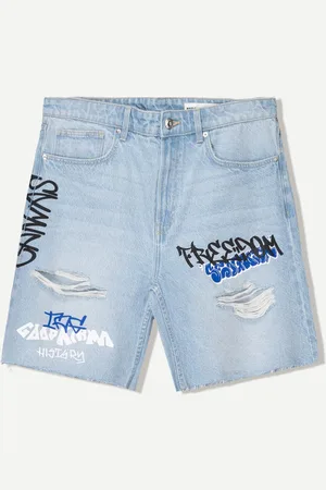 Bershka Denim-Bermudas Mit Print Herren 34 Ausgewaschenes Blau