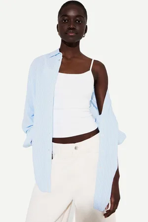 Bershka Oversize-Hemd Mit Leinen Damen Xs Hellblau