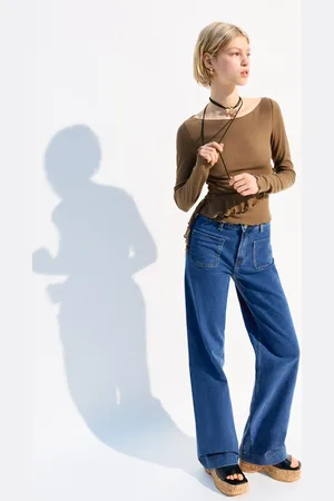 Bershka Langarmshirt Mit Langen Ärmeln Und Volants Damen Xs Khaki