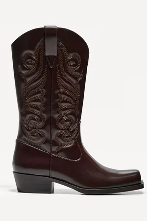 Bershka Flache Stiefel Im Cowboylook Damen 36 Granatrot