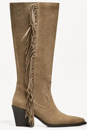 Bershka Absatzstiefel Aus Leder Im Cowboylook Mit Fransen Damen 35 Sandfarbe