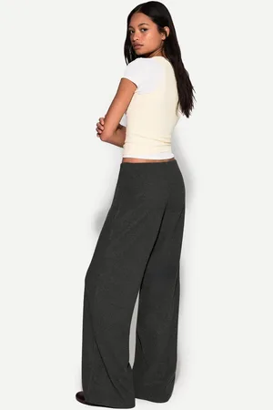 Bershka Soft Touch Hose Wide-Leg Rib Damen Xs Dunkelgrau