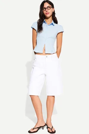Bershka Hemd Mit Kurzen Ärmeln Und Bubikragen Damen Xs Blau