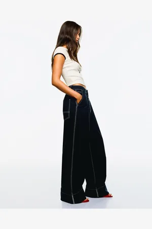 Bershka Wide-Leg-Hose Mit Kontrast Damen 32 Marinenblau