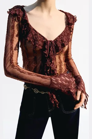 Bershka Langarmshirt Mit Spitzenkante Damen Xs Braun