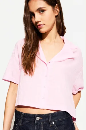 Bershka Rustikales Hemd Mit Kurzen Ärmeln Und Strukturmuster Damen Xs Rosa