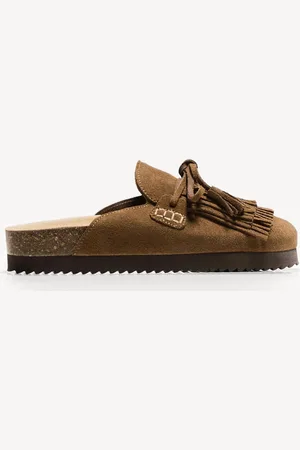 Bershka Flache Lederpantoffeln Mit Fransen Damen 35 Gelbbraun