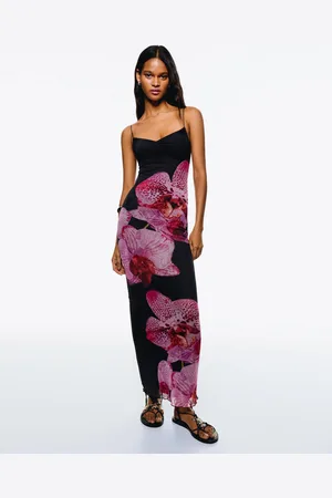 Bershka Midikleid Mit Trägern Aus Tüll Und Print Damen S Schwarz