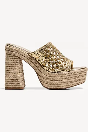 Bershka Sandale Mit Geflochtenem Jute-Plateauabsatz Damen 35 Gold
