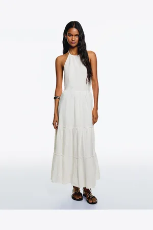 Bershka Midikleid Mit Neckholder-Ausschnitt Und Volants Damen Xs Weiss