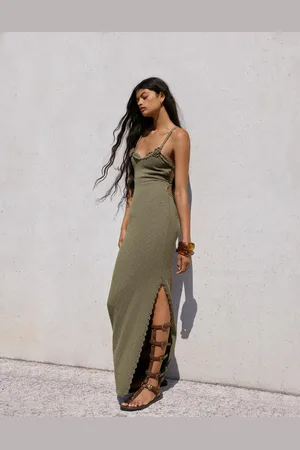 Bershka Rustikales Häkel-Midikleid Damen Xs Khaki