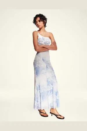 Bershka Asymmetrisches Maxikleid Aus Tüll Mit Print Damen Xs Blau