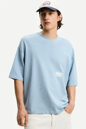 Bershka T-Shirt Im Boxy-Fit Mit Kurzen Ärmeln Strukturmuster Und Stickerei Herren S Ausgewaschenes Blau