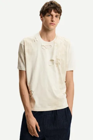 Bershka T-Shirt Im Washed-Look Mit Kurzen Ärmeln Und Rissen Herren Xs Beige