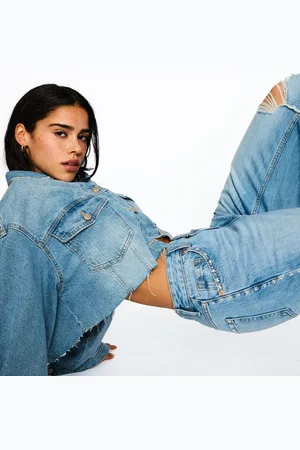 Bershka Jeans Mit Weitem Bein, Rissen Und Nieten Damen 10-12 Ausgewaschenes Blau