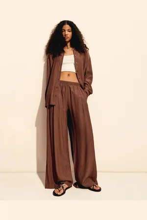 Bershka Fließende Wide-Leg-Hose Mit Textur Und Schleife Damen Xs Braun