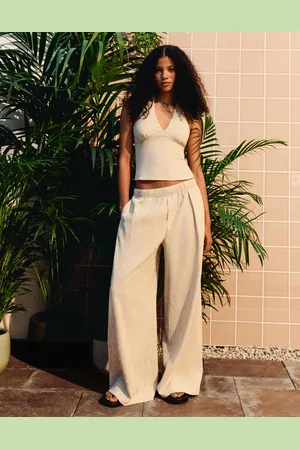 Bershka Hose Mit Weitem Bein Mit Struktur Damen Xs Sandfarbe