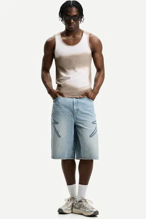 Bershka Bermuda Jorts Mit Sternpatches Herren 34 Ausgewaschenes Blau