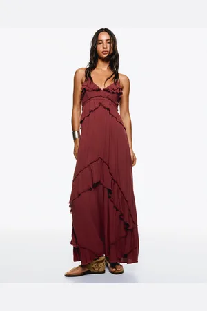 Bershka Maxikleid Mit Rüschenstruktur Damen Xs Bordeaux