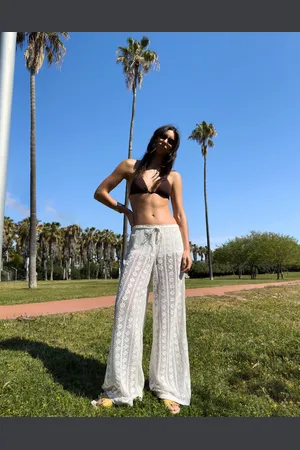 Bershka Hose Mit Weitem Bein, Häkelmuster Und Kordelzug Damen Xs Rohweiß