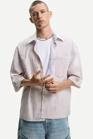 Bershka Oversize-Hemd Mit Kurzen Ärmeln, Gebleicht, Mit Streifen Herren S Rosa
