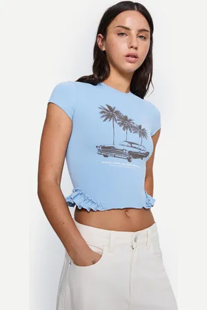 Bershka T-Shirt Mit Kurzen Ärmeln, Volants Und Print Damen Xs Blau