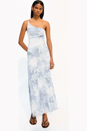 Bershka Asymmetrisches Maxikleid Aus Tüll Mit Print Damen Xs Blau