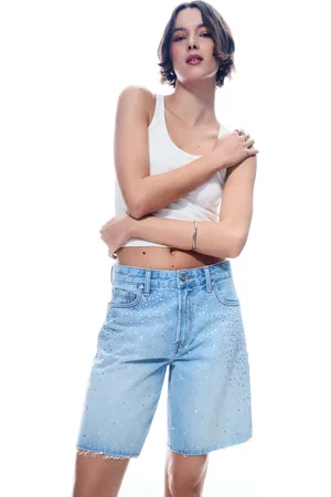 Bershka Jeans-Bermudas Mit Glitzer Damen 32 Ausgewaschenes Blau