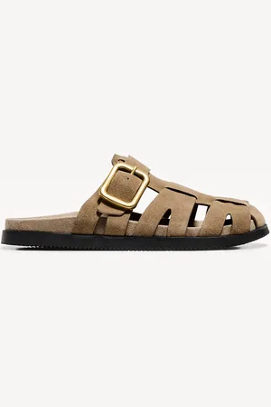 Bershka Pantoletten Aus Leder Im T-Steg-Sandalen-Stil Damen 35 Gelbbraun