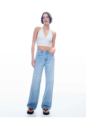 Bershka Straight Jeans 90er-Jahre Glanz Damen 32 Ausgewaschenes Blau
