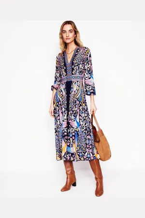 Boden Lily Midikleid mit langen Ärmeln-Französisches Marineblau, Bezaubernder Pfau