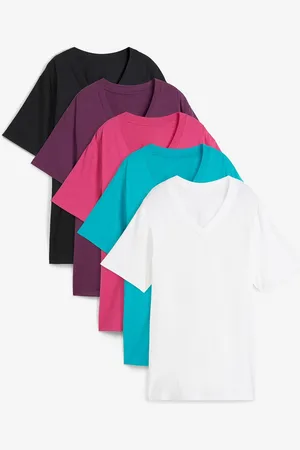 bonprix Weites Long-Shirt mit V-Ausschnitt, Kurzarm (5er Pack)