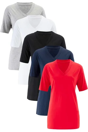 bonprix Weites Long-Shirt mit V-Ausschnitt, Kurzarm (5er Pack)