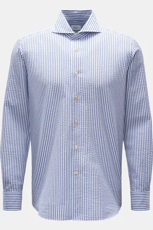 BRAUN Hamburg Herren - Seersucker Hemd Haifisch-Kragen rauchblau/weiß gestreift