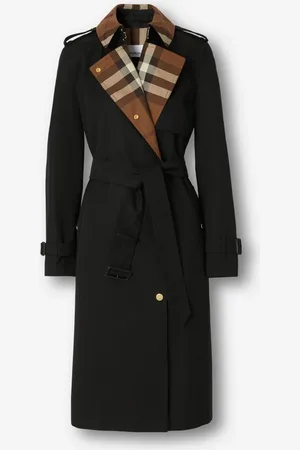 Burberry Langer Trenchcoat aus Gabardine mit Check-Kragen, Size: 10