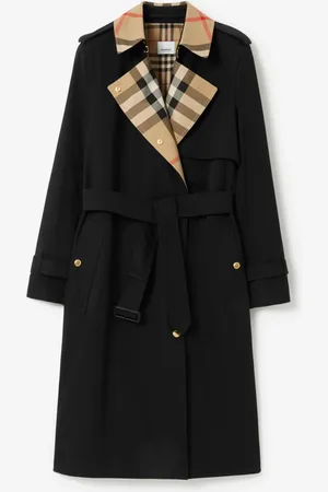 Burberry Langer Trenchcoat aus Gabardine mit Check-Kragen, Size: 08, Black