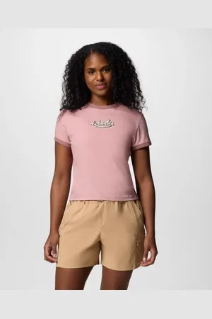 Columbia Rolling Bend Ringer T-Shirt mit Grafik für Frauen - Eraser Pink Elevated Script Größe L