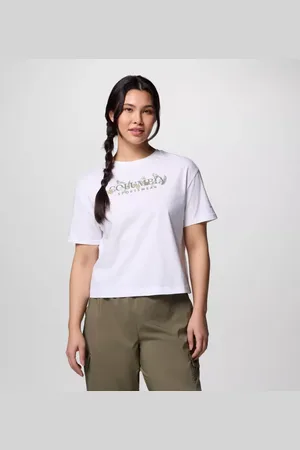 Columbia Rolling Bend Relaxed Crop T-Shirt mit Grafik für Frauen - Weiß Outback Critters Größe L