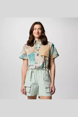 Columbia Cove Beach gecropptes Kurzam-Hemd aus Gewebe mit Print für Frauen - Grün Coastal Canoe Größe L