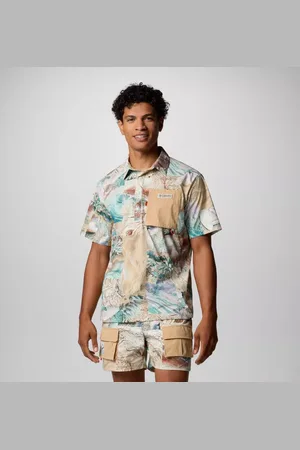 Columbia Cove Beach Kurzarm-Hemd aus Gewebe mit Print für Unisex - Grün Coastal Canoe Größe L