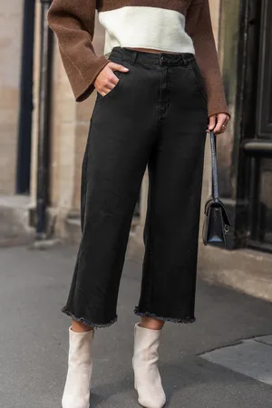 Cupshe Schwarze Denim-Jeans mit geradem Bein und ausgefranstem Saum
