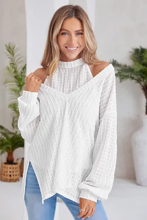 Cupshe Weißes Stricktop mit Puffärmeln & hohem Ausschnitt